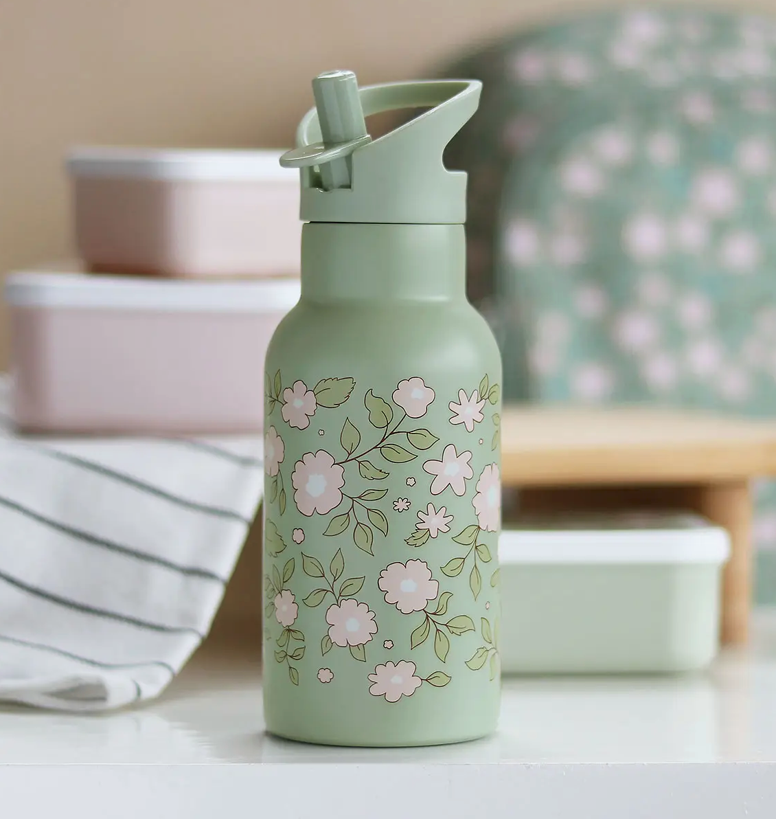 Stainless Steel Water Bottle: Sage with Pink Flowers