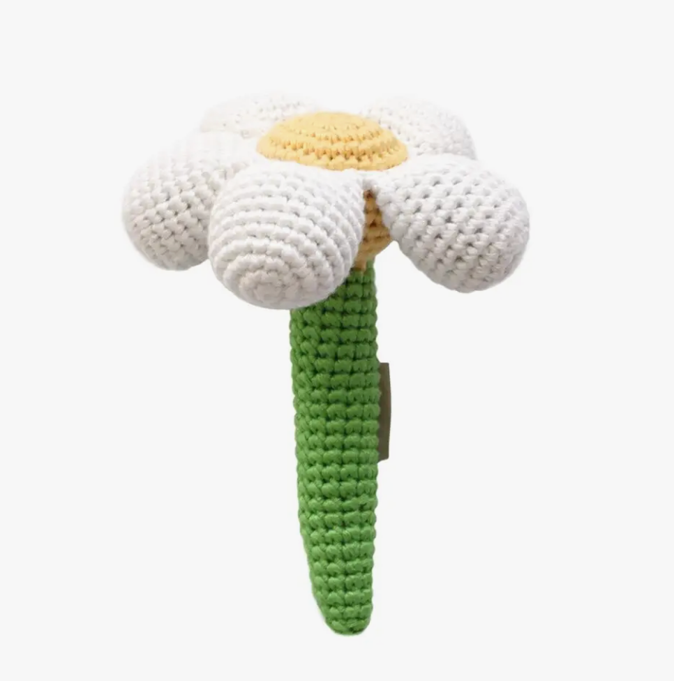 Crochet Rattle: White Daisy Flower